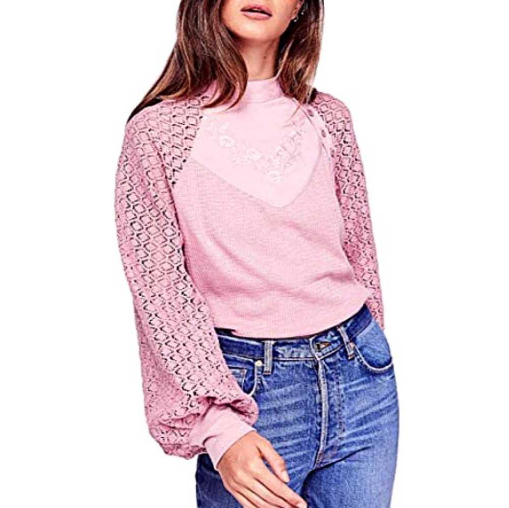 Free People Sweetest Thing Embroidered Lace Sleeves Thermal Top Bliss Blush